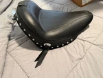 Mustang Harley Softail Seat 79710 Studded With Backrest, Like New. Fixed Price $425.00.